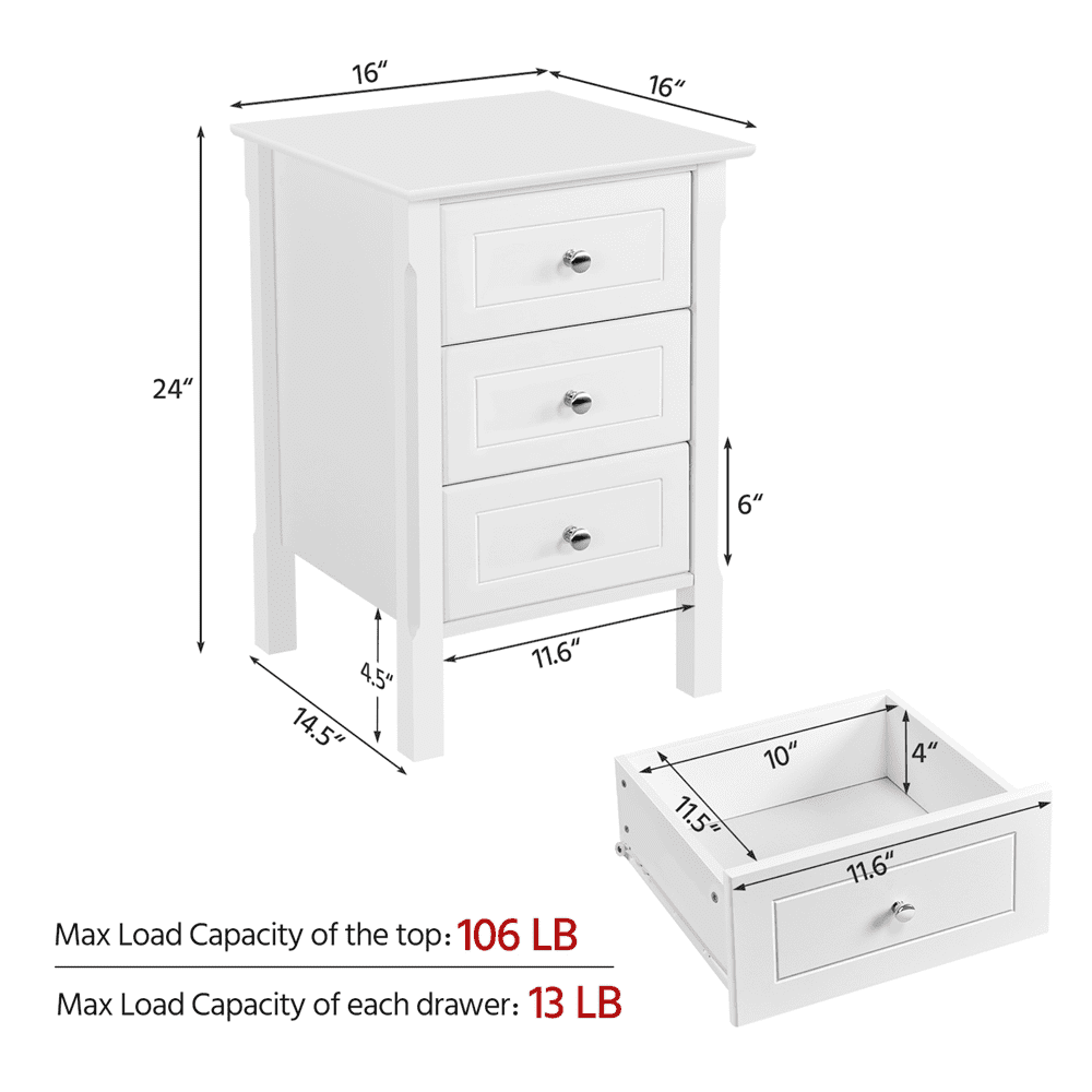 Yaheetech 3 Drawer Nightstand, Modern Wood Bedside Table with Storage Drawers for Bedroom & Living Room, White