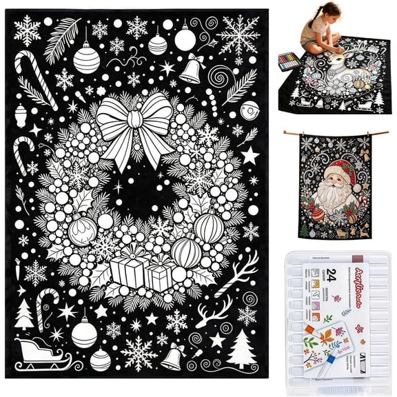 Christmas Coloring Blanket, Doodle Coloring Blanket with Markers, Christmas Activity Blanket, Holiday Coloring Throw Blanket for Home Decor