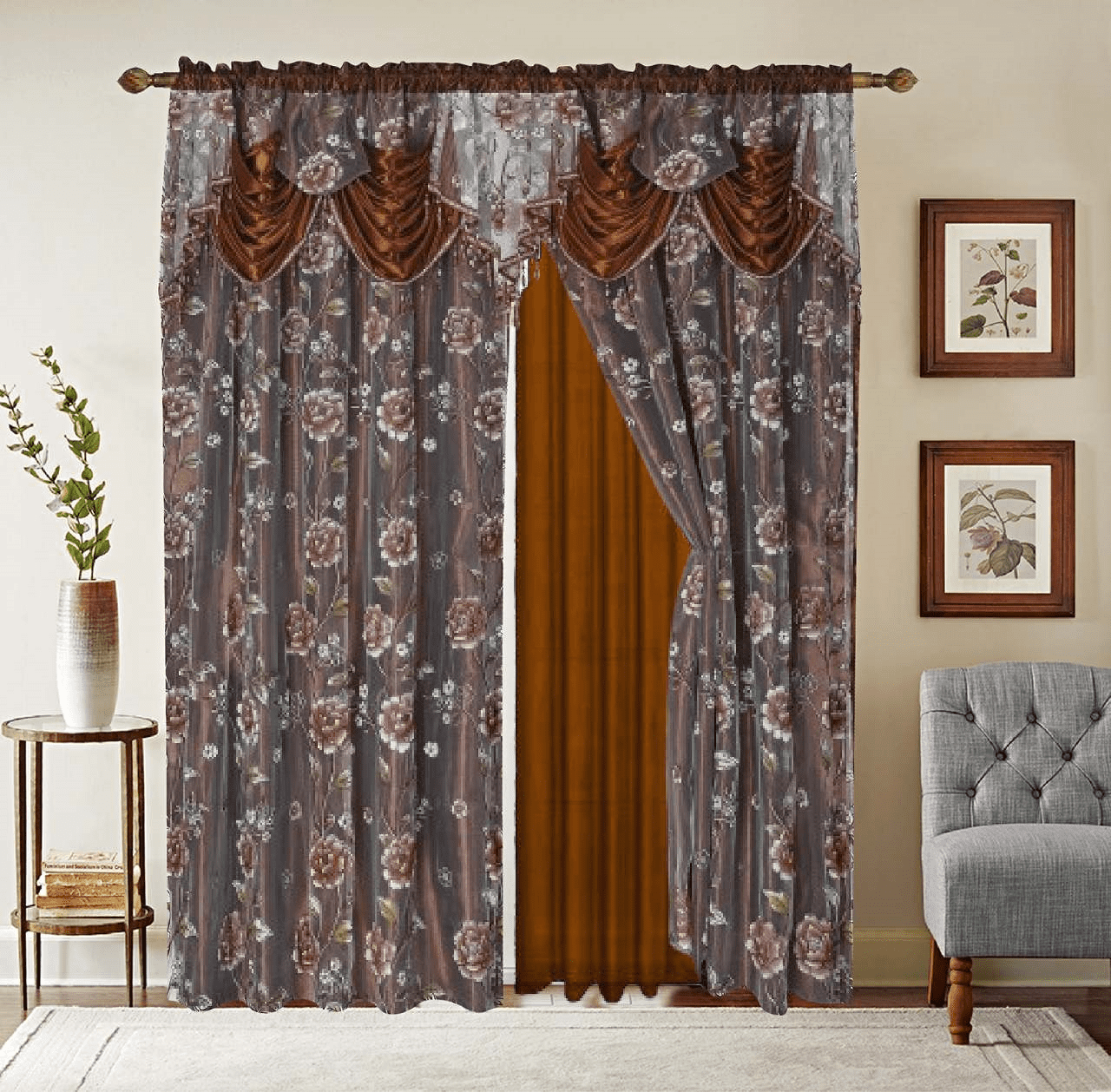 2 Piece Daniela Printed Flowers Luxury Jacquard Attached Valance with Long Crystals Beads and Tassels Window Curtain (54 inches wide x 84 inches long)