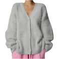 thumbnail image 3 of ClodeEU Womens Fuzzy Mohair Cardigan,V Neck Long Sleeve Sweater,Drop Shoulder Knit Coat Gray,Womens Plus Free Size, 3 of 7