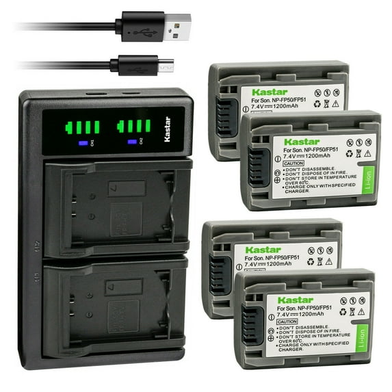 Kastar 4-Pack Battery NP-FP51 + LTD2 USB Charger Replacement for Sony DCR-DVD205, DCR-DVD304, DCR-DVD305, DCR-DVD403, DCR-DVD404, DCR-DVD405, DCR-DVD505, DCR-DVD602, DCR-DVD605, DCR-DVD653, DCR-DVD703