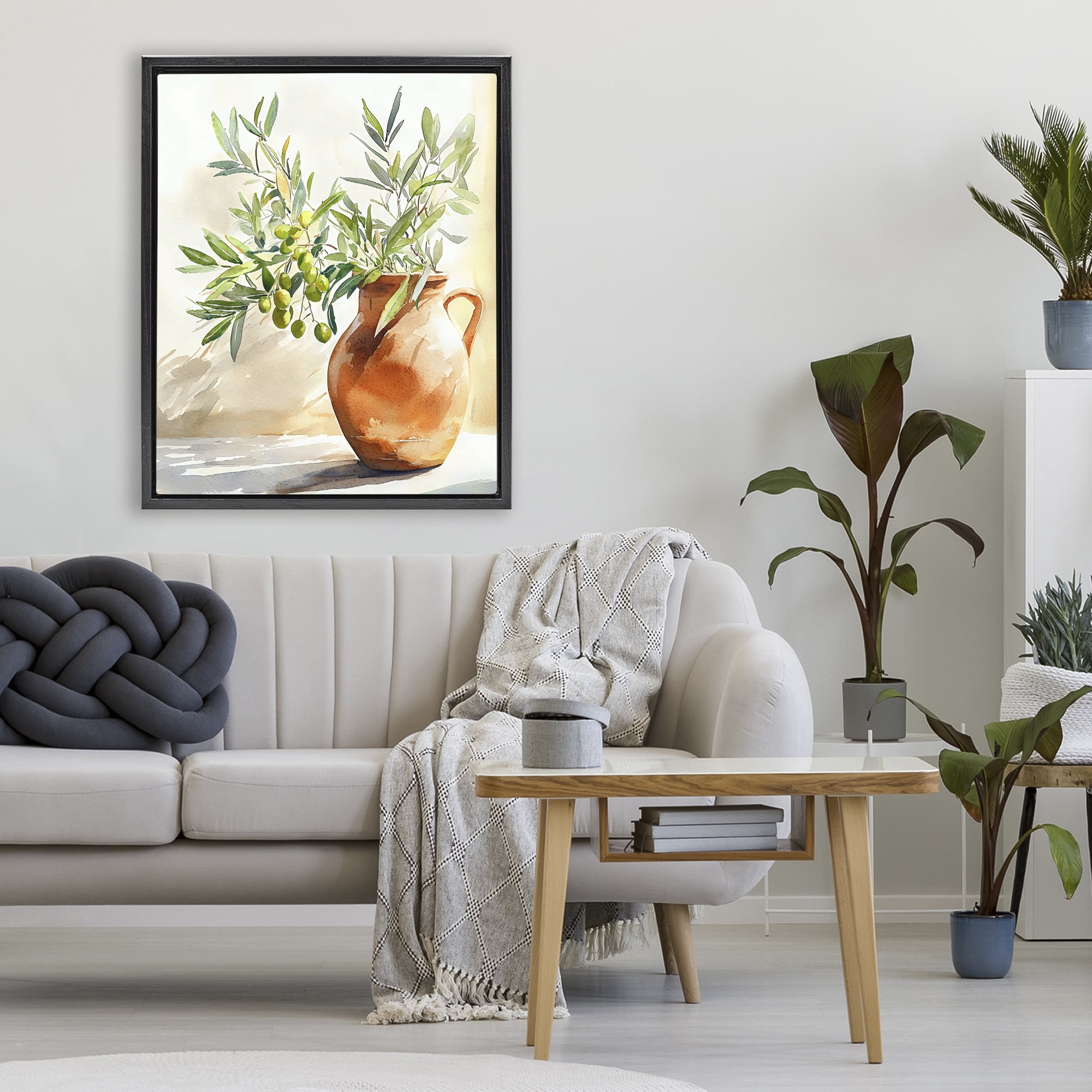 Stupell Industries Olive Branch in Terracotta Vase Black Framed Floater Canvas Wall Art, design by LSR Design Studio