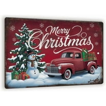Vintage Red Truck Christmas Metal Sign – Rustic Farmhouse Holiday Wall Art With Snowman, Tree & Presents, Retro Merry Christmas Decor 8x12