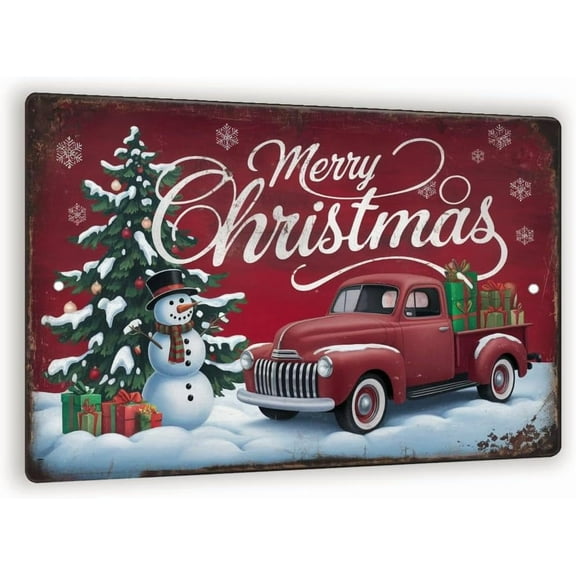 Vintage Red Truck Christmas Metal Sign – Rustic Farmhouse Holiday Wall Art With Snowman, Tree & Presents, Retro Merry Christmas Decor 8x12