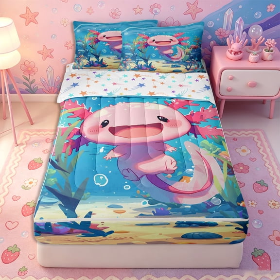 Erosebridal Cartoon Sea Salamander Zipper Twin Comforter Sets with Fitted Sheet and 2 Pillowcases,Cute Axolotl Print Zipper Bedding Set,Blue Pink,Reversible