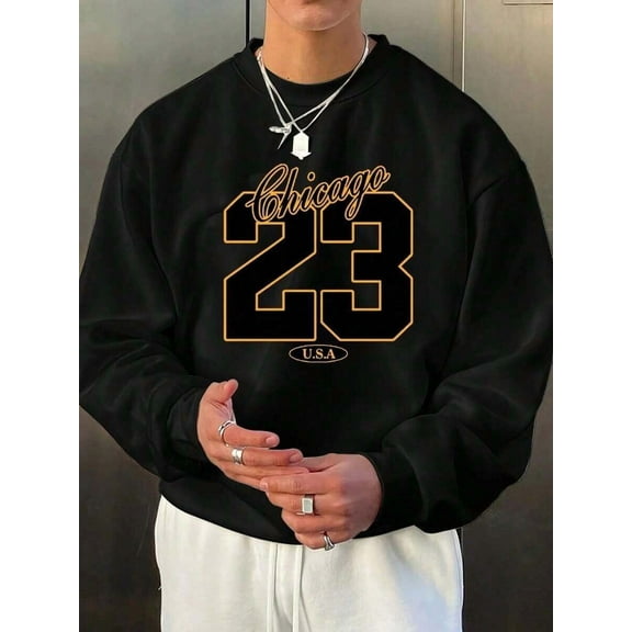 Men'S Chicago 23 Basketball Graphic Sweatshirt - Black Pullover With Golden Lettering, Long Sleeve Crewneck Sweater Streetwear, College,-Hop - Fall/Winter Casual Athletic Apparel - Local Warehouse, S
