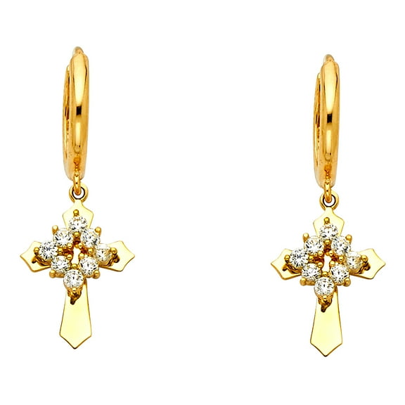 Solid 14k Yellow Gold CZ Cross Dangle Earrings Huggie Hoops Religious Drop Style Polished Fancy 31x11 mm