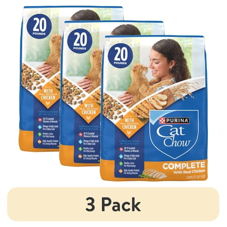 (3 pack) Purina Cat Chow Complete High Protein Dry Cat Food with Real Chicken, 20 lb Bag