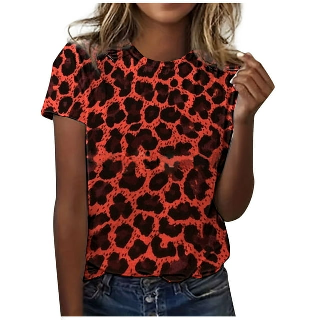 Tshirts Women Classic Versatile Short Sleeved Solid Stripe Leopard Camo Color Block Round Neck Shirts Women Red M