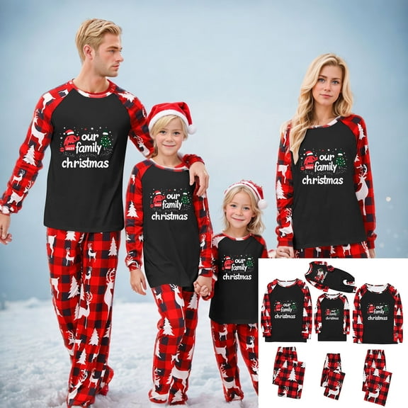 Odeerbi Christmas Pajamas for Family Holiday Long Sleeve Family Christmas Pajamas Matching Sets Dad Casual Printed Top Pants Outfits Loungewear Two-Piece Sleepwear Xmas PJs Set Red