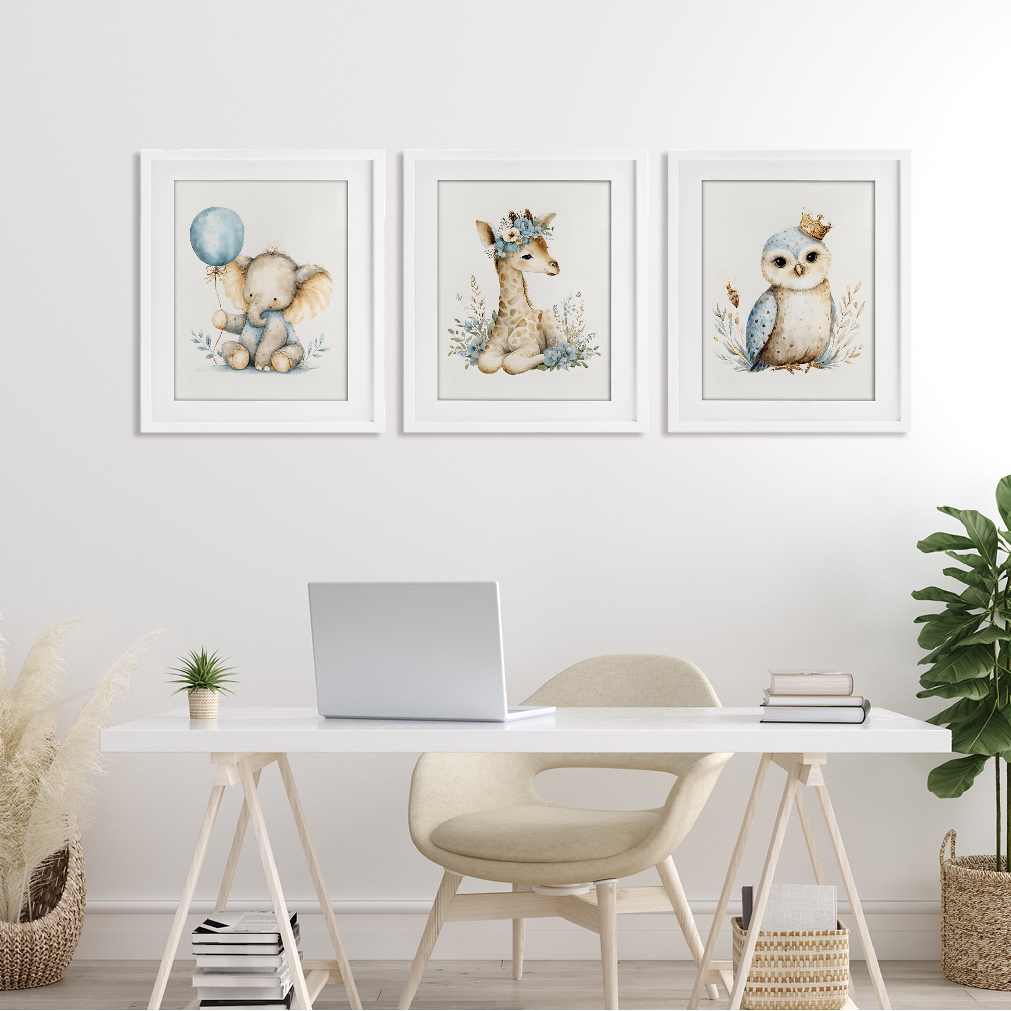 Stupell Industries Watercolor Nursery Animals 3 Piece White Framed Print Under Glass Set, design by LSR Design Studio