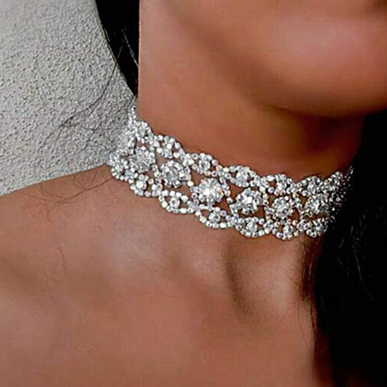 Rhinestone Choker Necklace Jewelry Adjustable Collar Necklaces Silver Chokers  For Women And Girls