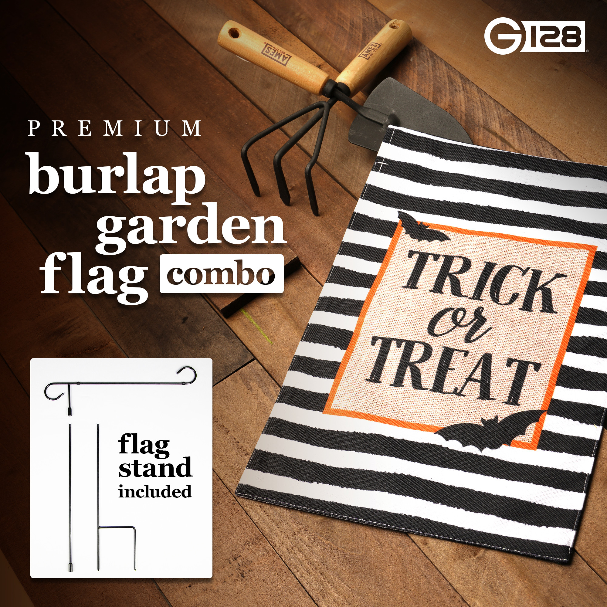 G128 Double-Sided Halloween Set Garden Flag 12x18" with 36x16" Flag Holder Stand Outdoor Porch Lawn
