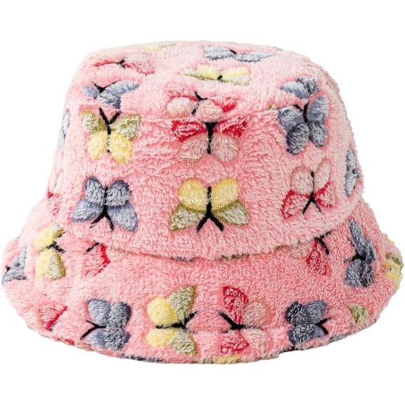CoCoMangos Fuzzy Bucket Hat for Women Fashion Butterfly Cozy Plush Hat Fleece Lining Outdoor Fisherman Hat Gift