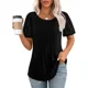 thumbnail image 2 of Tops de empalme de manga corta plisados para mujer, de Color sólido Jersey de rayas con cuello redondo, camiseta femenina, camisetas informales cómodas de verano, 2 of 5