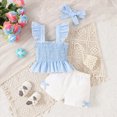thumbnail image 2 of Toddler Baby Girl Outfits Summer Clothes Set Striped Bow Ruffle Strap Top and Shorts Set with Matching Bow Headband Tropical Beach Clothes Set 18-24 Months, 2 of 7