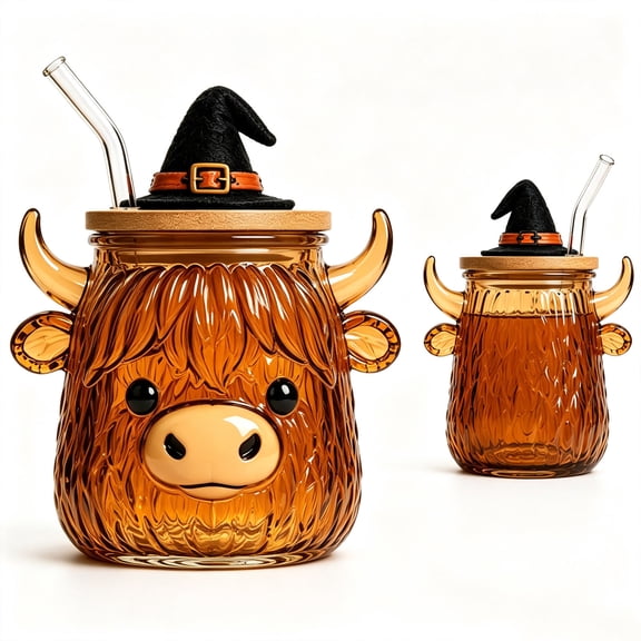 HOARBOEG Highland Cow Ghost Halloween Glass Tumbler with Lid and Straw, 12 oz Clear Borosilicate Drinking Cup, Pumpkin Spooky Kitchen Decor, Cute Gift