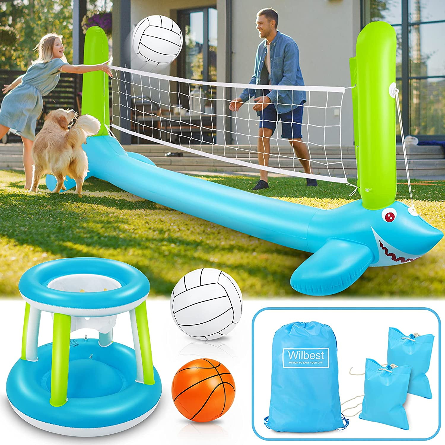 Wilbest Pool Volleyball Set, 120'' Larger Inflatable Pool Float Set Include  Volleyball Net & Basketball Hoops Shark Design Swimming Pool Toy Pool  Volleyball Game for Kids and Adults (120'' x 43'') -