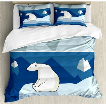 Polar Bear Duvet Cover Set Queen Size, Lonely Bear on Iceberg Watching the Night Polar Landscape Panorama, Decorative 3 Piece Bedding Set with 2 Pillow Shams, Baby Blue Navy Cream, by Ambesonne
