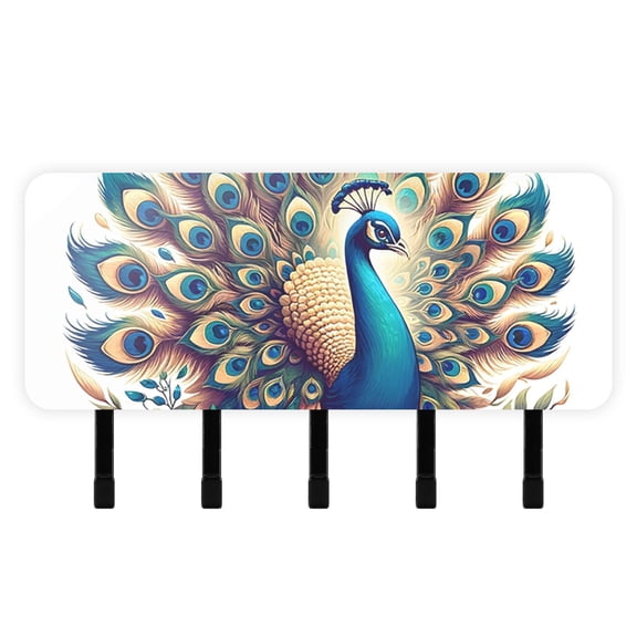 A Peacock Mail Holder Organizer Wall Mount with Shelf Key Holder Key Rack with 5 Key Hooks for Wall Decorative