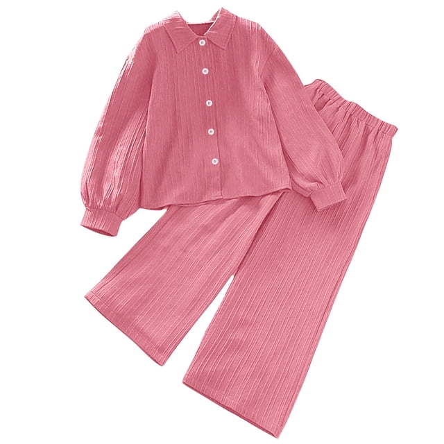 Odeerbi 8-12 Años Niños Niñas Algodón Conjuntos Camisa Manga Larga Pantalones Pierna Ancha Conjunto Primavera Solapa Camisa Pantalones Dos Piezas Conjunto