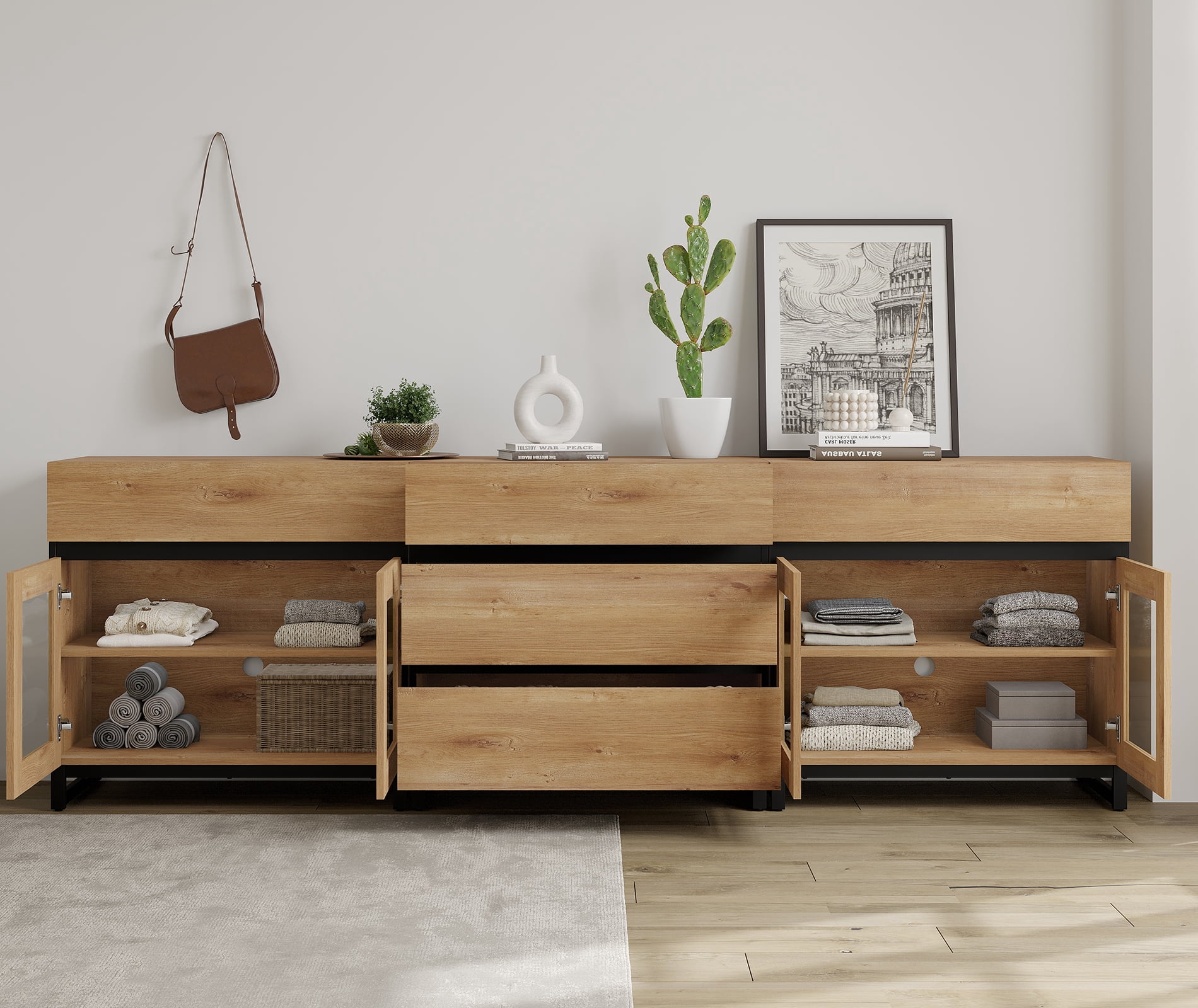 3 In 1 Multifunctional Dresser with Glass Doors & 5 Drawers, Modern Chest of Drawers with Adjustable Shelf and Metal Base, Household Storage Cabinet for Bedroom,Oak