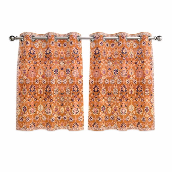 Boho Orange Kitchen Curtains Short 54 Inch Length, Country Style Bohemian Floral Retro Tribal Grommet Top Bedroom Living Room Curtains, Light Filtering Cafe Curtain Drapes 2 Panels Set 84''x54''