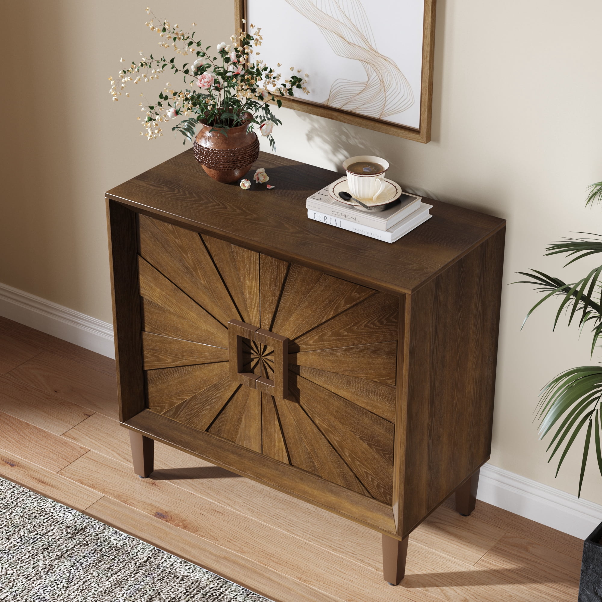 31.5" Modular Credenza Sideboard Buffet, Small Space Cabinet with Symmetrical Sunburst Doors, Accent Cabinet with Adjustable Shelves for Dining Room, Entryway & Hallway