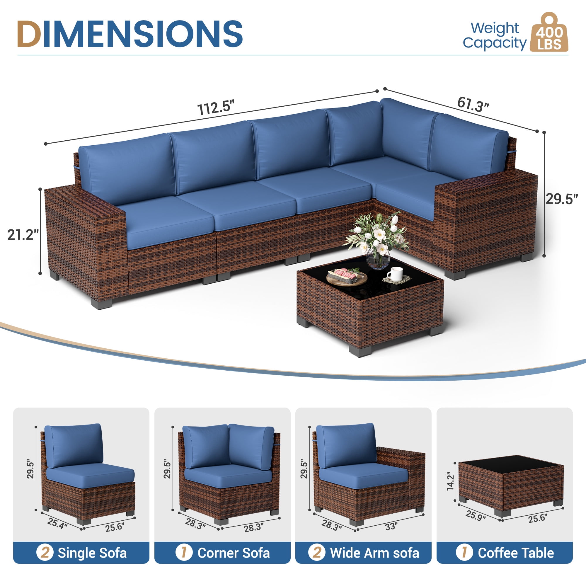 Poteban Patio Furniture Set 6 PCS Outdoor Sectional Conversation Sets Featuring Widen Wicker Armrests and High Back,Brown&Blue