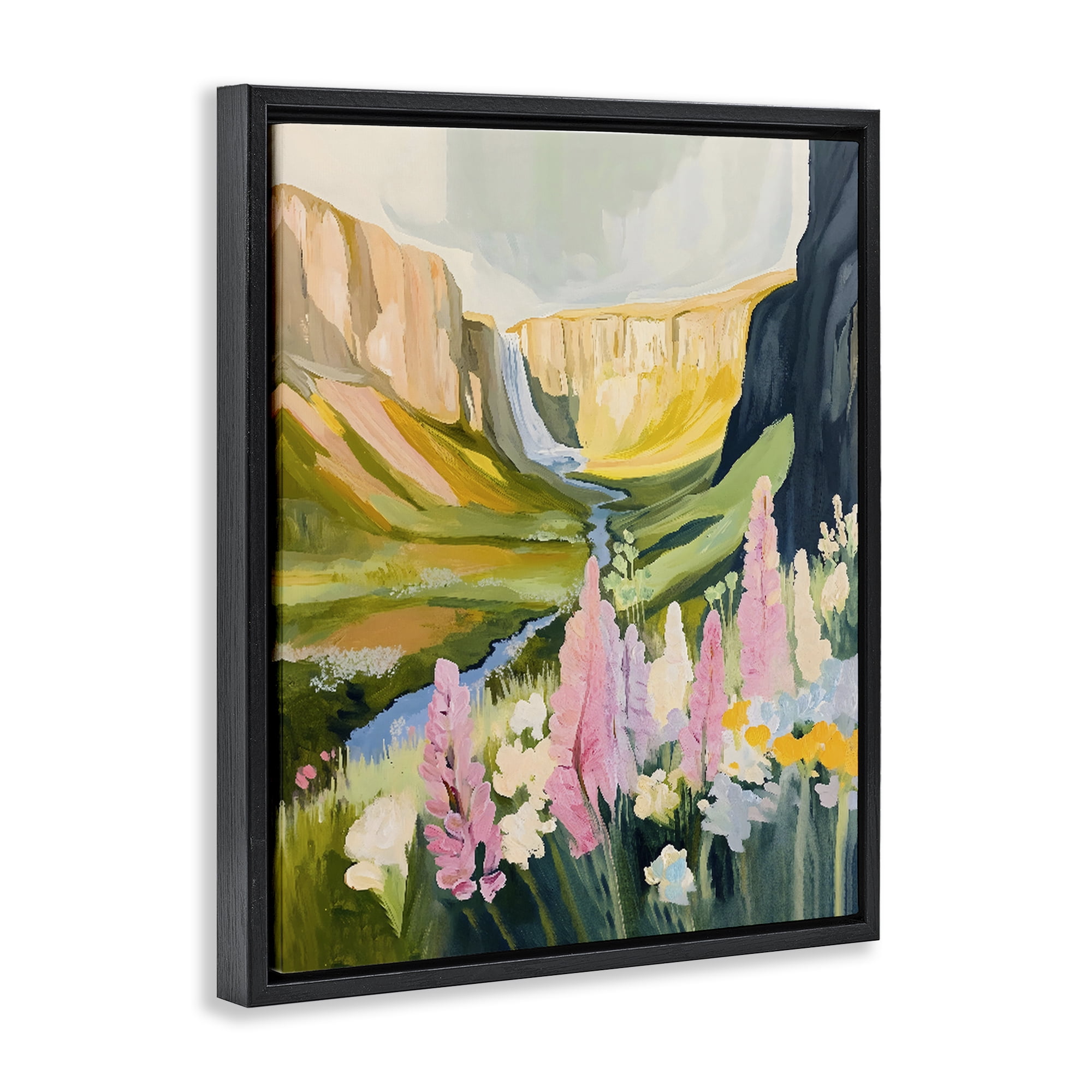 Stupell Industries Waterfall and Valley in Bloom Black Framed Floater Canvas Wall Art, design by The Prints Vibe