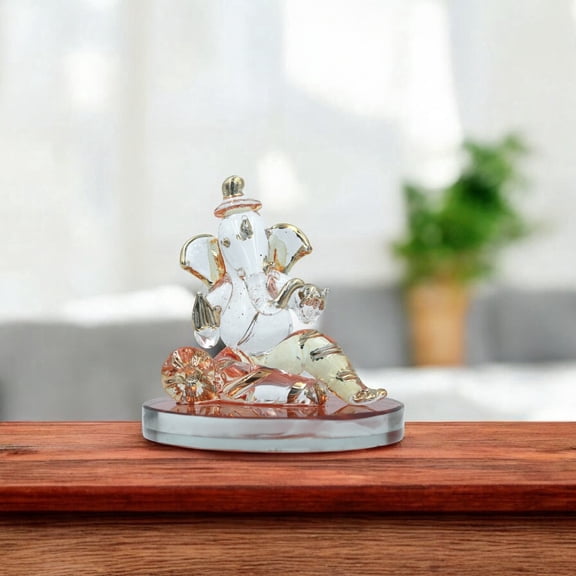 NATRIEL Divine Ganesh Glass Figurine with Mirror Base, Clear and Gold Decorative Statue, 2.7 Inch Hindu Deity Home Decor