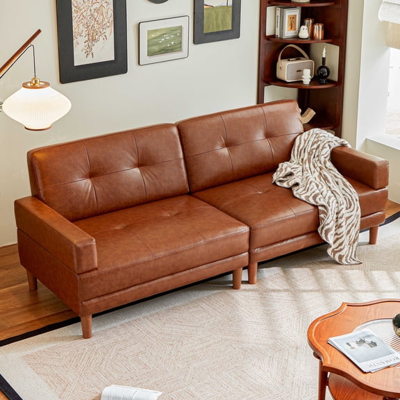 ATJafurn 86.6-inch 3-Seater Tufted Leather Sofa with Deep Seat, Mid Century Modern Brown Sectional Couch for Living Room Home Office