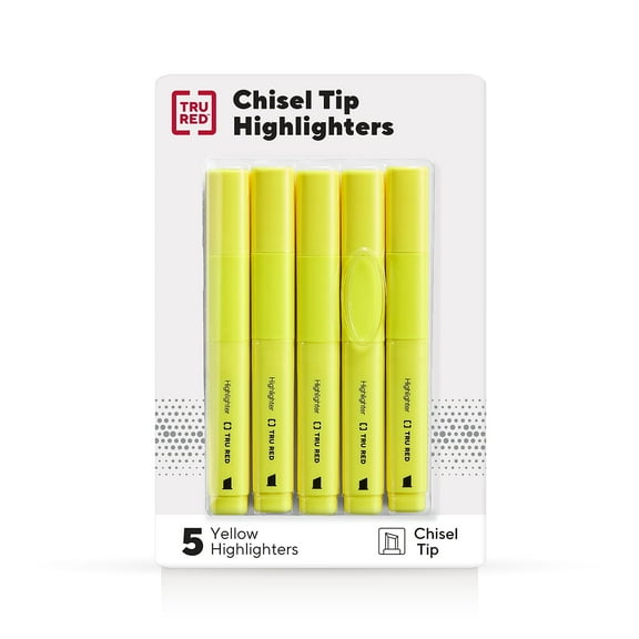Staples TRU RED Tank Style Chisel Tip Highlighter Yellow Ink 5/Pack TR54577