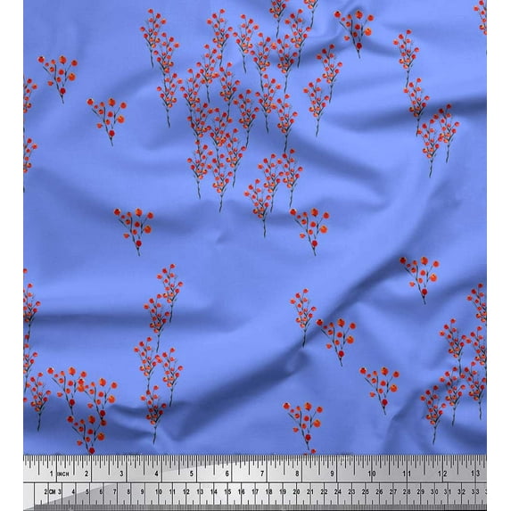 Soimoi Blue Cotton Voile Fabric Red Berries Fruits Print Fabric by the Yard 42 Inch Wide