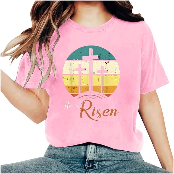 Camisetas de Cuello de Tripulación de Manga Corta para las Mujeres Cartas de Impresión de Pascua Camiseta de Manga Corta, Spandex de Poliéster