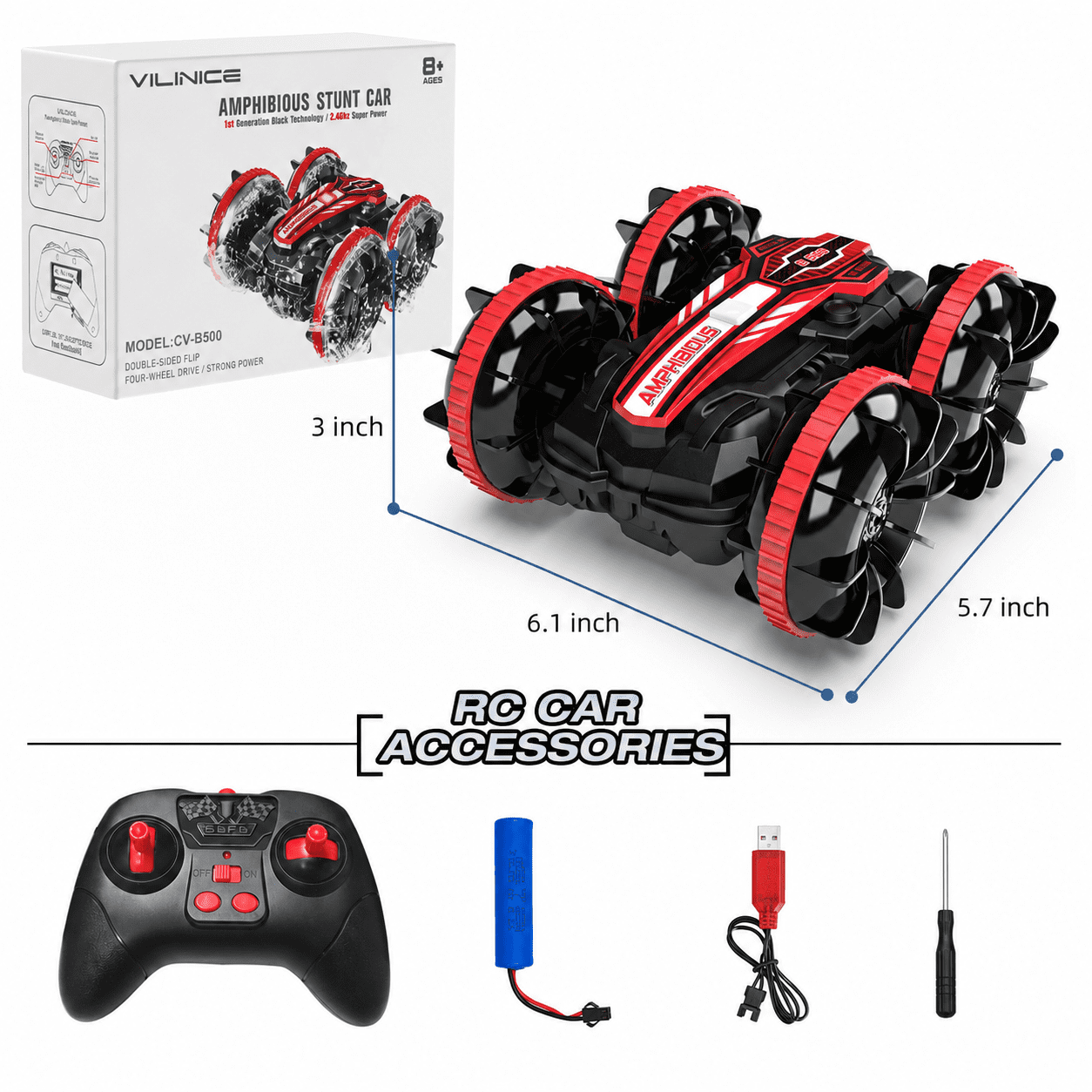 VILINICE 1:16 RC Car Toy for Kids, Amphibious Remote Control Car with 360° Flip Rotation, 4WD All-Terrain, Double-Sided Driving, Waterproof RC Truck Toy Car Gift for Boys Girls