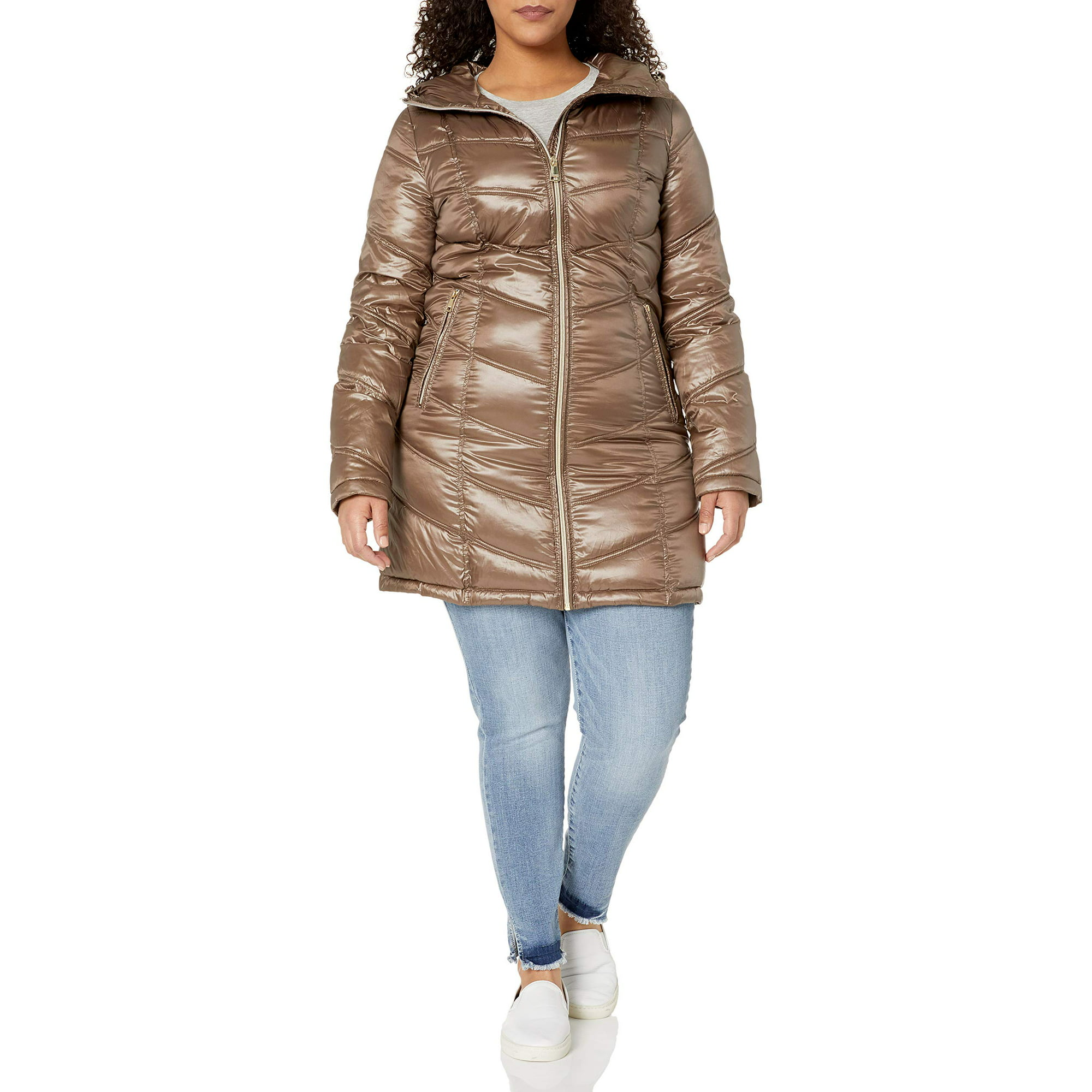 Calvin Klein Women's Mid-Length Packable Chevron Down Coat, Shine Taupe, L  | Walmart Canada