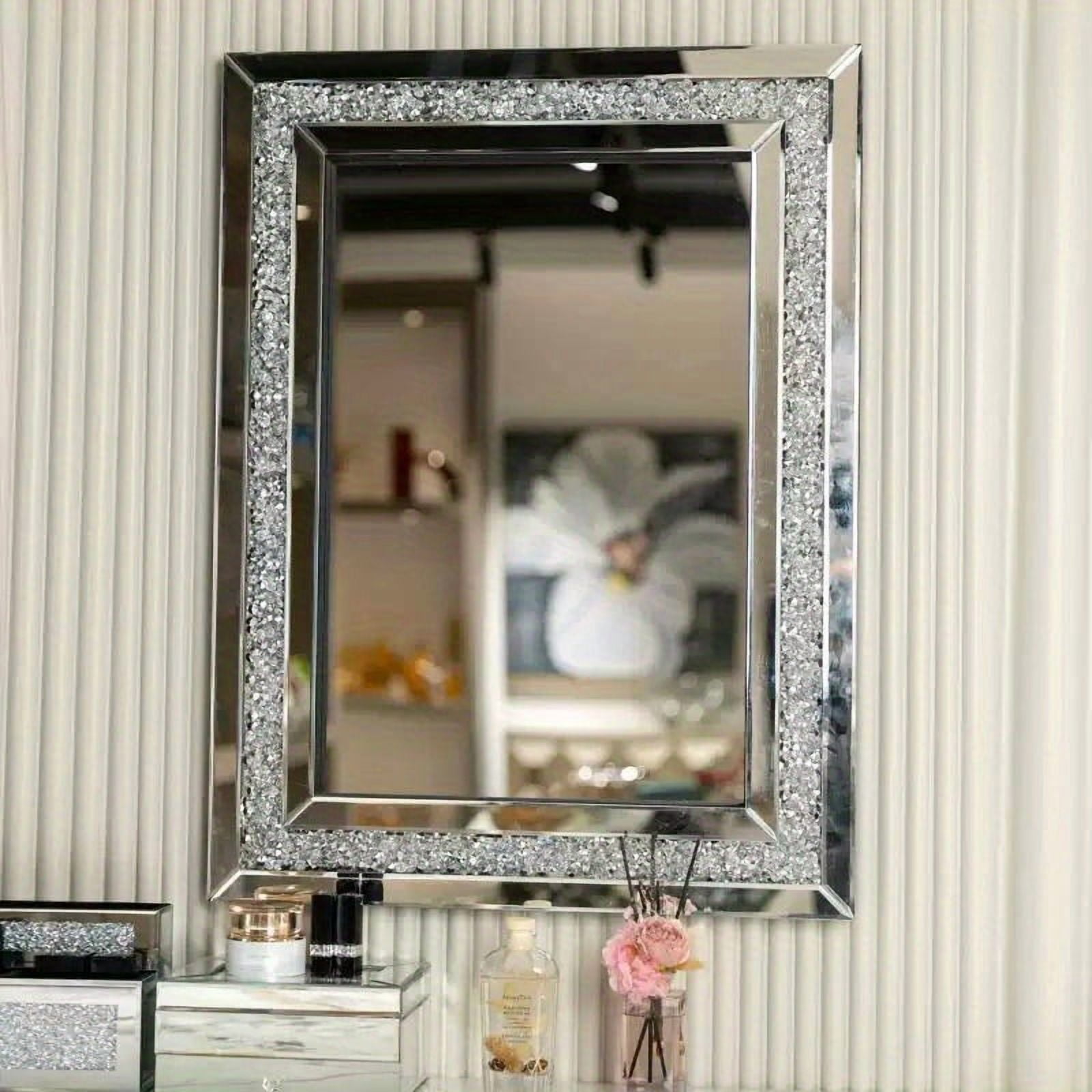 Crushed Diamond Rectangle Wall Mirror, Silver Sparkling Crystal Inlay Framed Decorative Vanity Mirror, Glam Wall Mount Makeup Mirror for Bathroom Bedroom Living Room Entryway Home Wall Decor