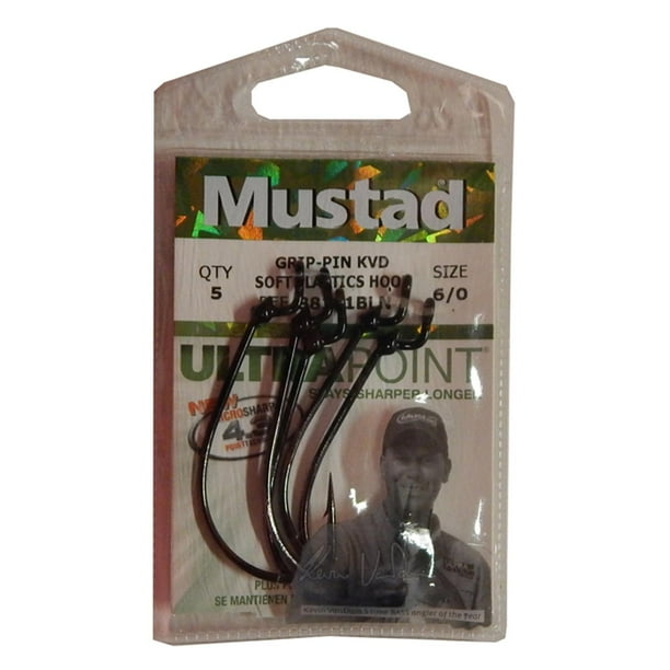 Mustad UltraPoint KVD Grip-Pin Wide Gap Soft Plastic Hook with 1 Extra  Strong Hook, Offset Shank, Metal Bait Keeper and Sealed Ring (Pack of 5),  Black Nickel, 6/0 