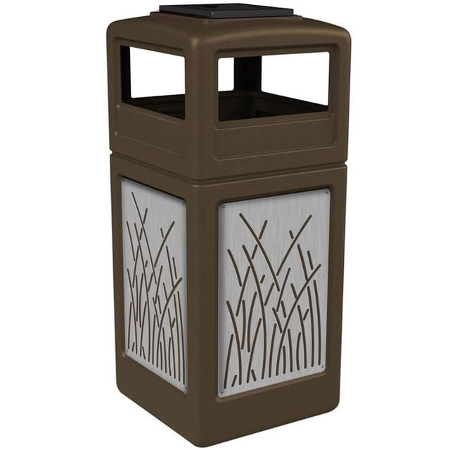 42 gal Brown Trash Receptacle with Stainless Steel Reed Panels & Ashtray Lid