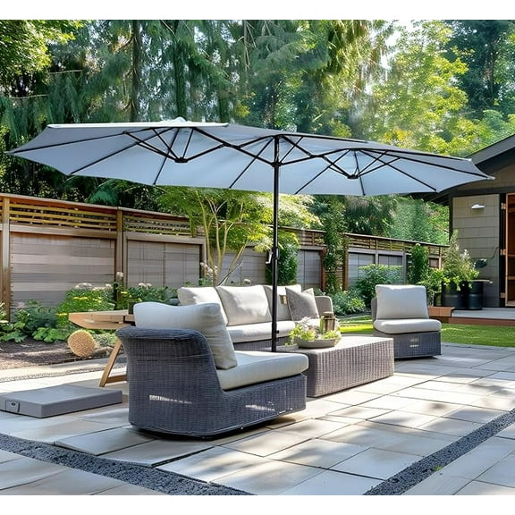 Weguard 15ft Double-Sided Patio Umbrella Twin Extra Large with Crank Handle & Base for Outdoor Patio Garden Market Pool Backyard, Cloud Blue