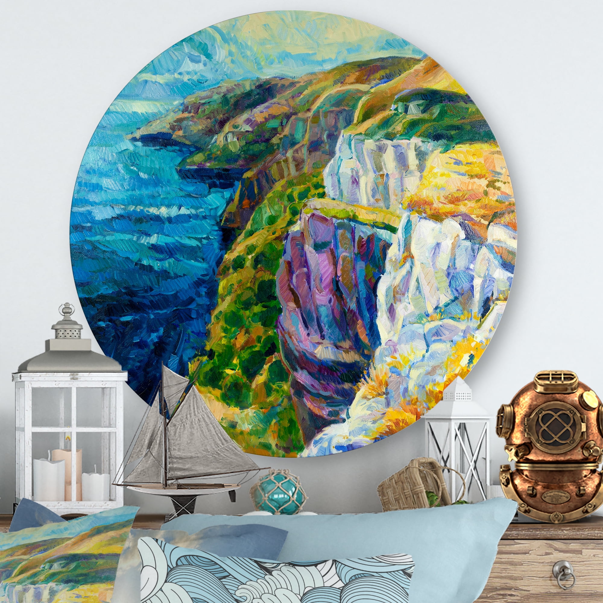 Designart 'The Blue Ocean By Rocky Cliffs II' Nautical & Coastal Circle Metal Wall Art 23x23 - Disc of 23