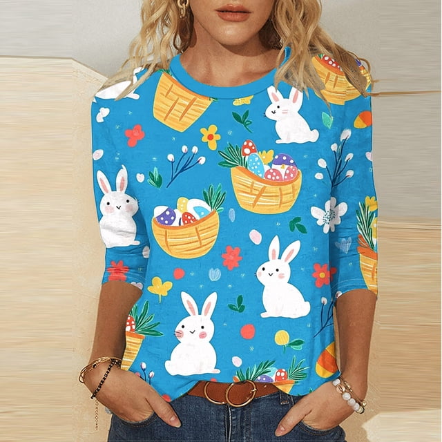 TaTaai Women Loose Fit Casual T-Shirt Easter Print Crew Neck Three Quarter Sleeve Pullover Top Ladies Spring Street Daily Wear No Fading Breathable High-Rated Fashion Top Gift