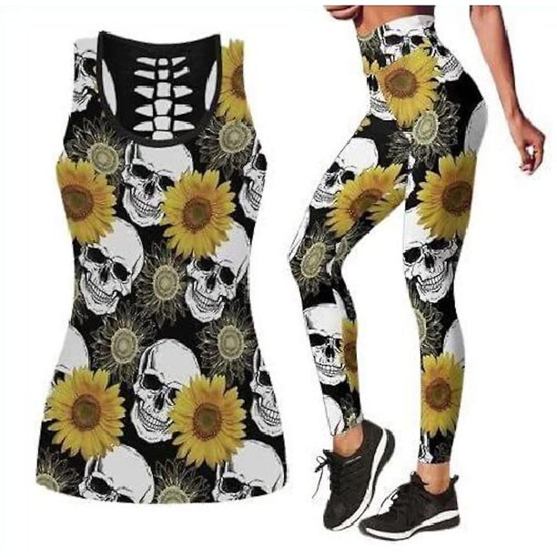Yoga Suit Vest And Leggings Moisture Wicking Sunflower Moon Design Sport Fitness Home Gym Tight