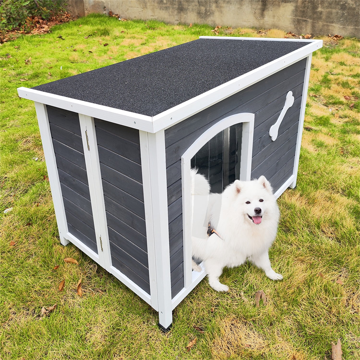 Pefilos 40" Large Wooden Dog House Weatherproof and Warm Dog Kennel Cat Houses for Outdoor Cats Pet Houses for Indoor Easy to Assemble, Gray
