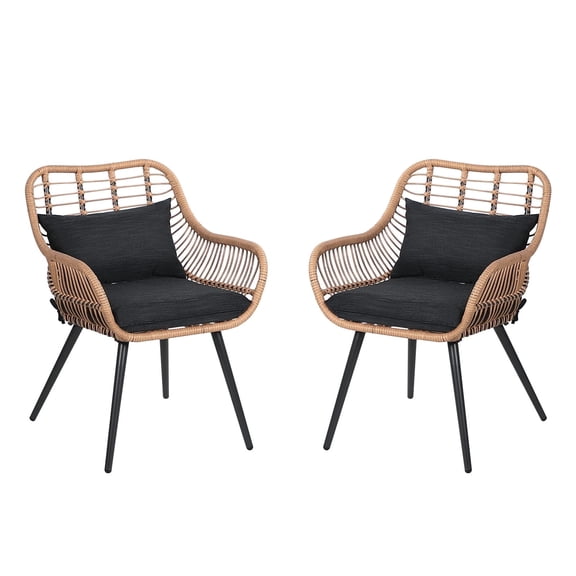 JOIVI Outdoor Wicker Chairs Set of 2, Patio Dining Chairs with Cushions, All-weather Rattan Porch Chairs with Armrest for Outside Lawn, Balcony, Garden, Black