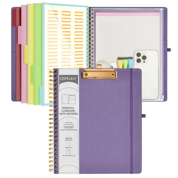 Portapapeles tipo folio Ospelelf en espiral plegable con espacio de almacenamiento, color morado