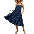 thumbnail image 5 of Liacowi Women Juniors Sleeveless Dress Casual Loose Ruffle Tiered Flowy A Line Swing Beach Sundress Teen Girl Tank Midi Dress with Pocket, 5 of 6