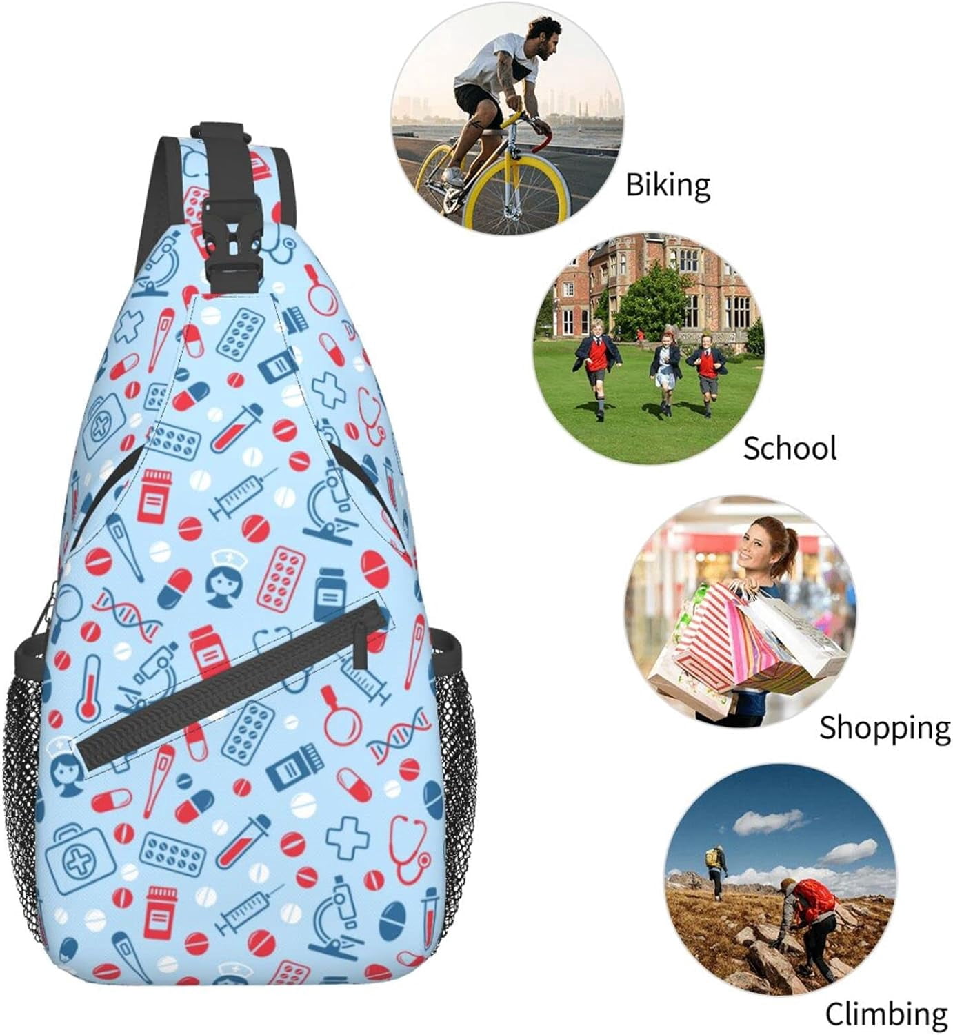 Nurse Medical Print Sling Bag Crossbody Hiking Travel Chest Bags Backpack Shoulder Daypack for Women Men