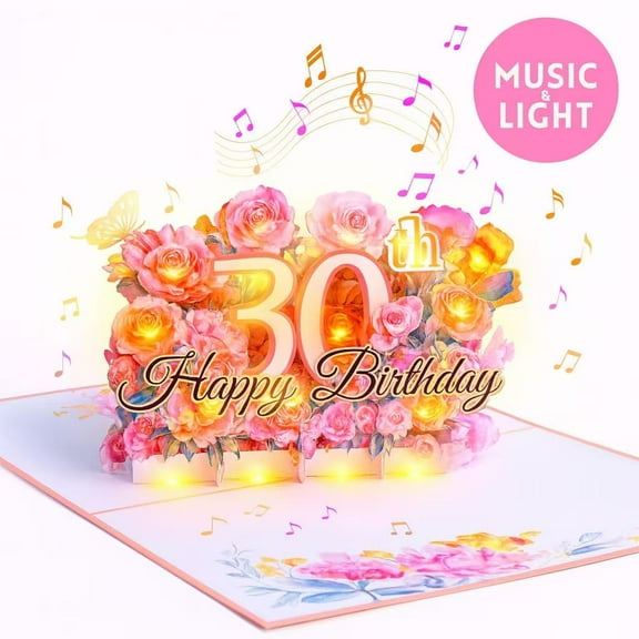 3D Pop-Up Birthday Card with Music & Lights, Flowers & 30th Age Numbers, Gift with Envelope for Women, 5.2x7.1 in
